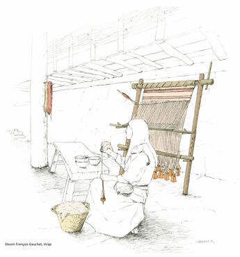 Restitution de scène de filage et tissage de l'âge du Bronze.